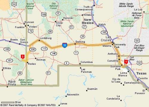 Route from El Paso, texas to Portal Arizona